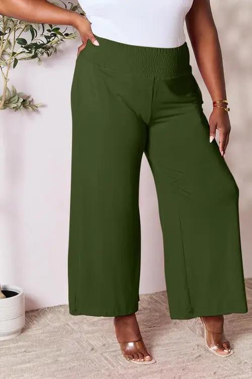 Double Take Full Size Smocked Wide Waistband Wide Leg Pants - Army Green / S