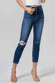 BAYEAS Full Size High Waist Distressed Washed Cropped Mom Jeans - DARK BLUE / 0