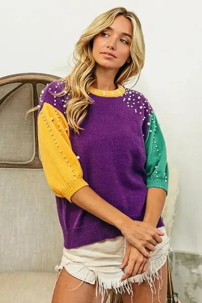 BiBi Color Block Pearl Detail Round Neck Sweater -