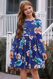 Girls Floral Long Sleeve Dress with Pockets - Royal Blue / 4T