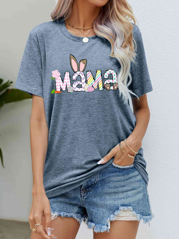 Easter MAMA Graphic Round Neck T-Shirt - Misty Blue / S