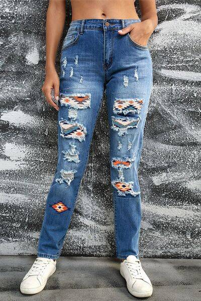 Distressed Straight Jeans with Pockets - Orange / 4