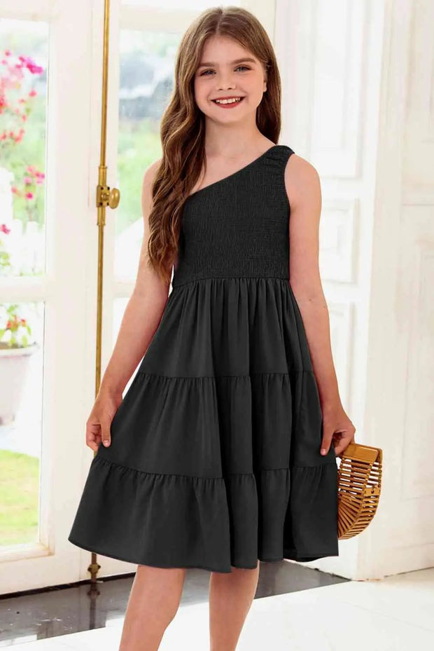 One-Shoulder Sleeveless Tiered Dress - Black / M