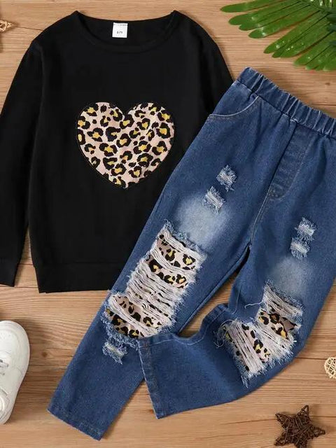 Leopard Heart Graphic Top and Pants Set - Black / 5T