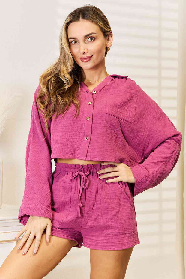 Basic Bae Buttoned Long Sleeve Top and Shorts Set - Fuchsia / S