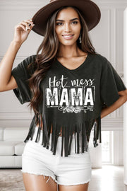 HOT MESS MAMA Fringe Round Neck T-Shirt - Black / S