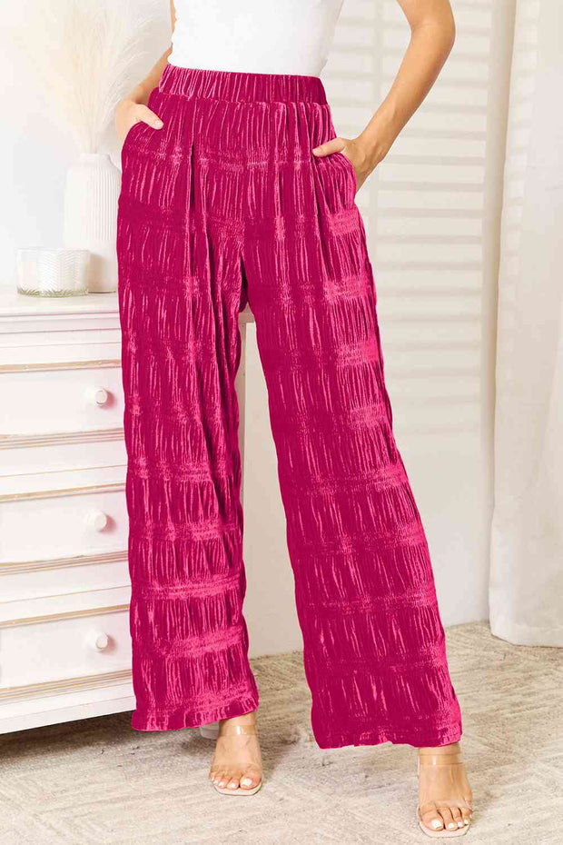 Double Take Full Size High Waist Tiered Shirring Velvet Wide Leg Pants - Deep Rose / S