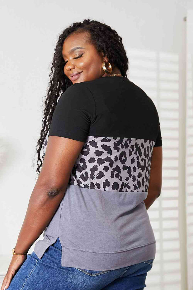 Double Take Leopard Print Color Block Short Sleeve T-Shirt -