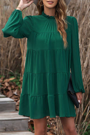Green Puff Sleeve Mock Neck Back Knot Tiered Dress - Green / L