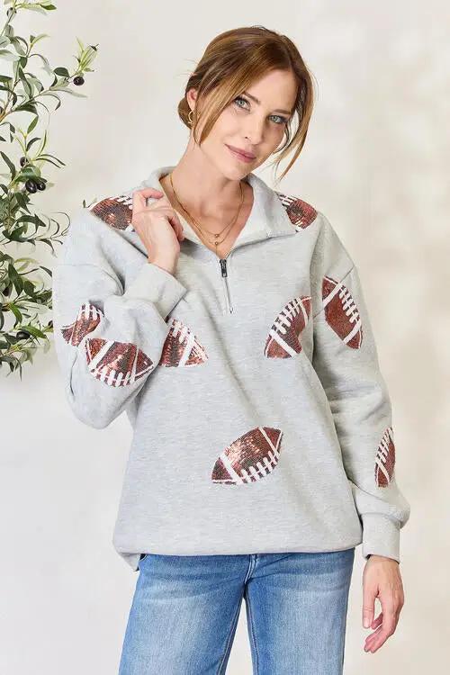 Double Take Full Size Sequin Football Half Zip Long Sleeve Sweatshirt - Light Gray / S