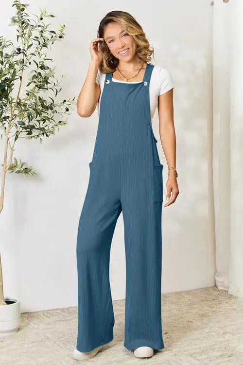 Double Take Full Size Wide Strap Overall with Pockets - French Blue / S