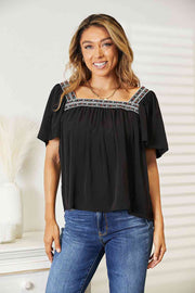 Double Take Contrast Square Neck Puff Sleeve Blouse - Black / S