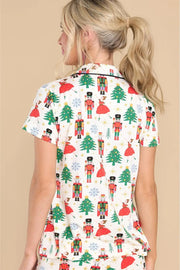 White Printed Christmas Pattern Buttoned Two Piece Sleepwear -