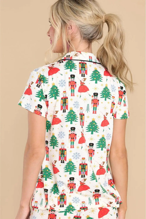 White Printed Christmas Pattern Buttoned Two Piece Sleepwear -