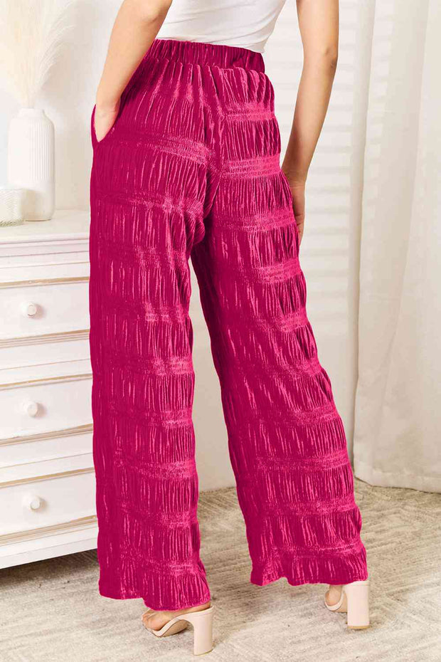Double Take Full Size High Waist Tiered Shirring Velvet Wide Leg Pants -