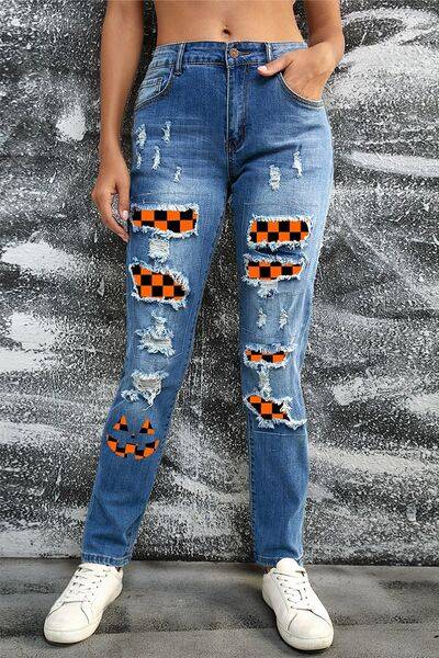 Distressed Straight Jeans with Pockets - Pumpkin / 4