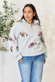 Double Take Full Size Sequin Football Half Zip Long Sleeve Sweatshirt -