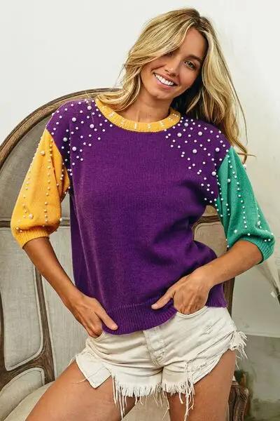 BiBi Color Block Pearl Detail Round Neck Sweater -