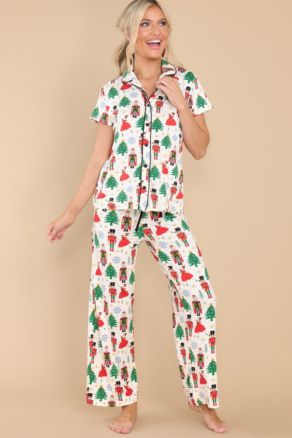 White Printed Christmas Pattern Buttoned Two Piece Sleepwear -