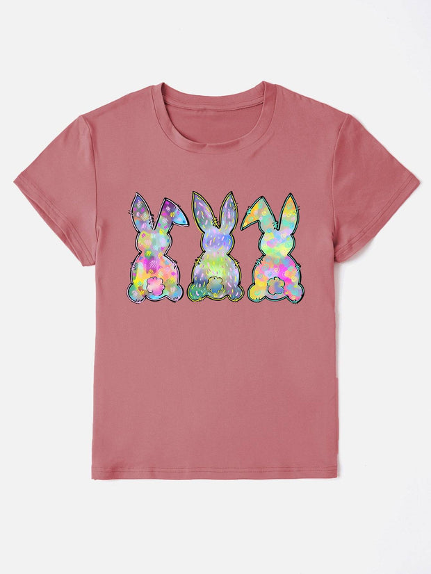 Rabbit Round Neck Short Sleeve T-Shirt - Light Mauve / S