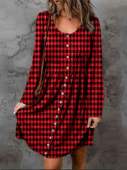 Double Take Full Size Plaid Round Neck Long Sleeve Magic Dress - Deep Red / S