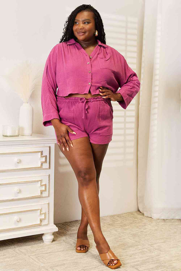 Basic Bae Buttoned Long Sleeve Top and Shorts Set -
