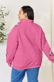 Double Take Full Size Sequin Football Half Zip Long Sleeve Sweatshirt -