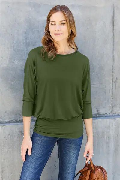 Basic Bae Full Size Round Neck Batwing Sleeve Blouse - Army Green / S