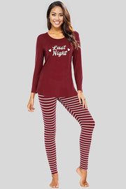Graphic Round Neck Top and Striped Pants Set - Wine / S