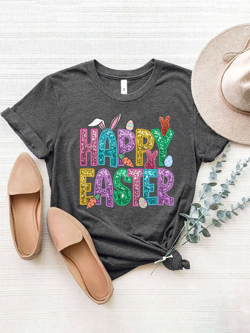 HAPPY EASTER Round Neck Short Sleeve T-Shirt - Charcoal / S