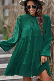 Green Puff Sleeve Mock Neck Back Knot Tiered Dress -