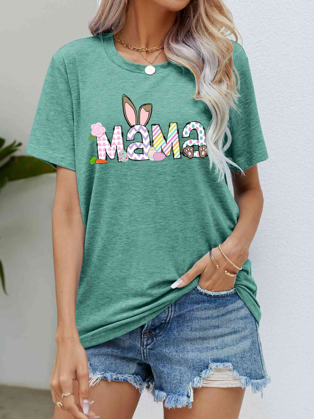 Easter MAMA Graphic Round Neck T-Shirt - Gum Leaf / S