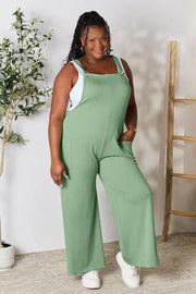 Double Take Full Size Wide Strap Overall with Pockets - Gum Leaf / S
