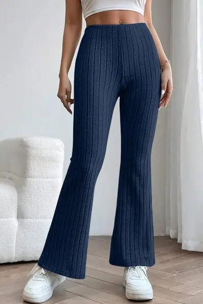 Basic Bae Full Size Ribbed High Waist Flare Pants - Navy / S