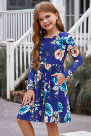 Girls Floral Long Sleeve Dress with Pockets -