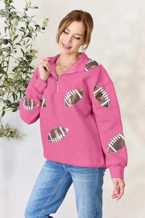 Double Take Full Size Sequin Football Half Zip Long Sleeve Sweatshirt - Deep Rose / S