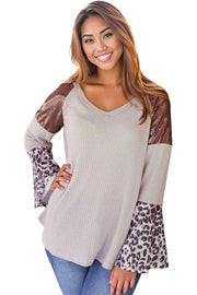 Leopard Sequin Patchwork Bell Sleeve V Neck Tunic Top -