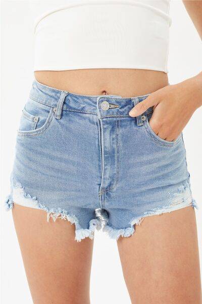 LOVE TREE Raw Hem Cat's Whisker Denim Shorts -