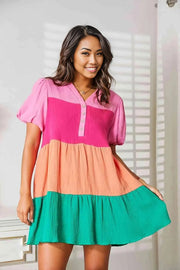 Double Take Color Block Buttoned Puff Sleeve Dress - Multicolor / S