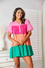 Double Take Color Block Buttoned Puff Sleeve Dress -