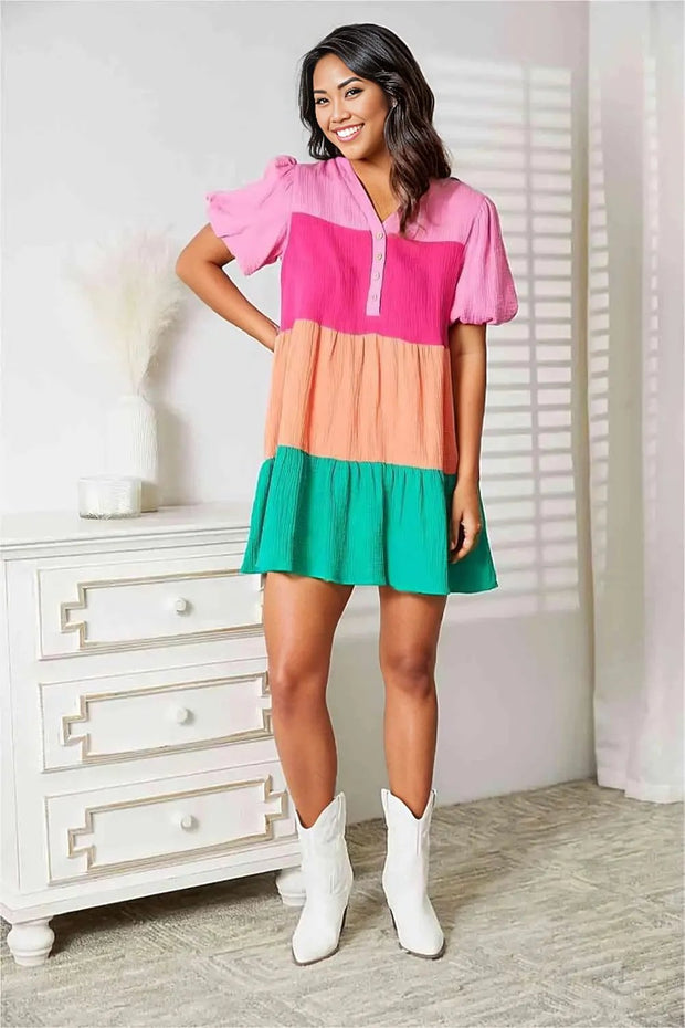 Double Take Color Block Buttoned Puff Sleeve Dress -