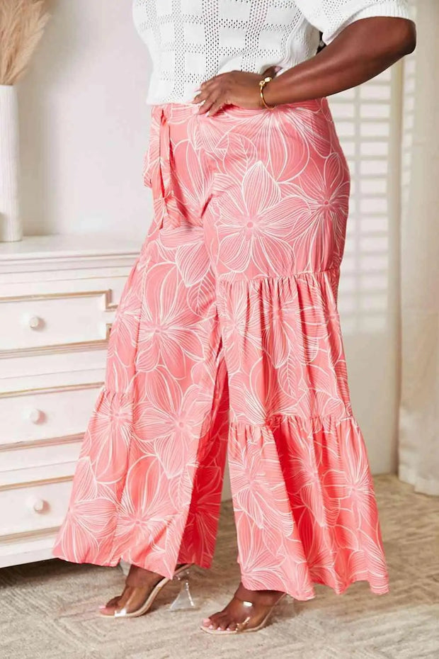 Double Take Floral Tiered Wide Leg Pants -
