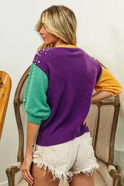 BiBi Color Block Pearl Detail Round Neck Sweater -