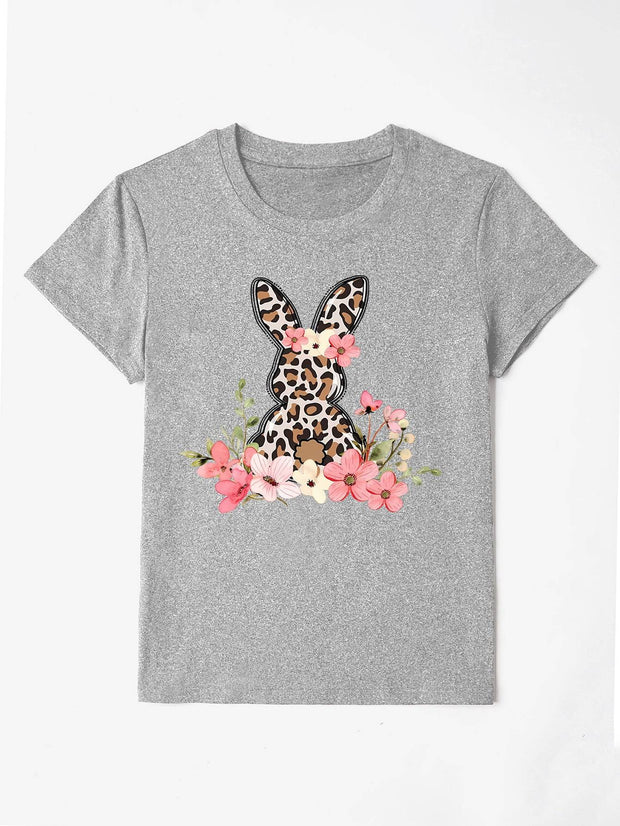 Rabbit Round Neck Short Sleeve T-Shirt - Heather Gray / S