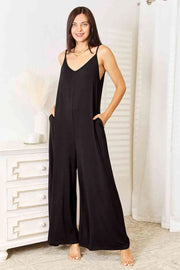 Double Take Full Size Soft Rayon Spaghetti Strap Tied Wide Leg Jumpsuit - Black / S
