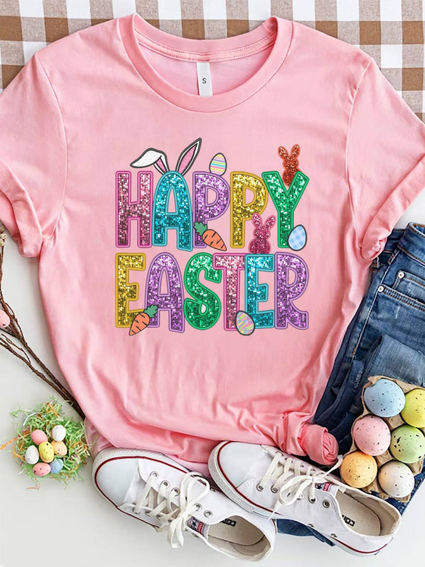 HAPPY EASTER Round Neck Short Sleeve T-Shirt - Dusty Pink / S