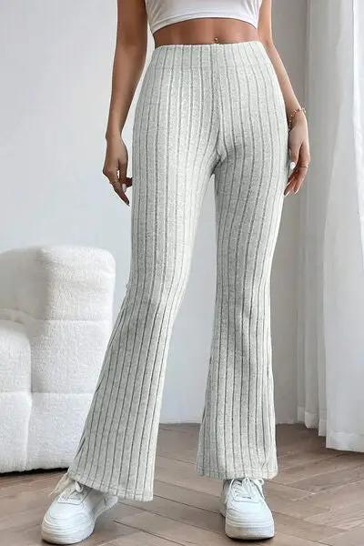 Basic Bae Full Size Ribbed High Waist Flare Pants - Light Gray / S