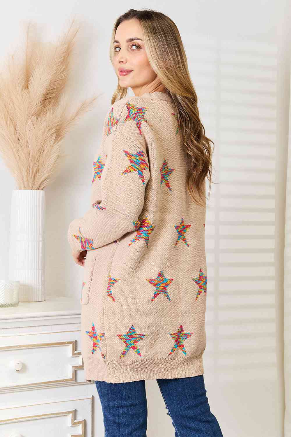 Double Take Star Pattern Open Front Longline Cardigan -