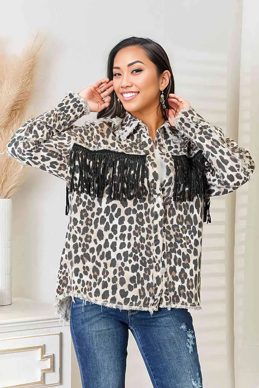 Double Take Leopard Fringe Detail Collared Neck Denim Jacket - Leopard / S