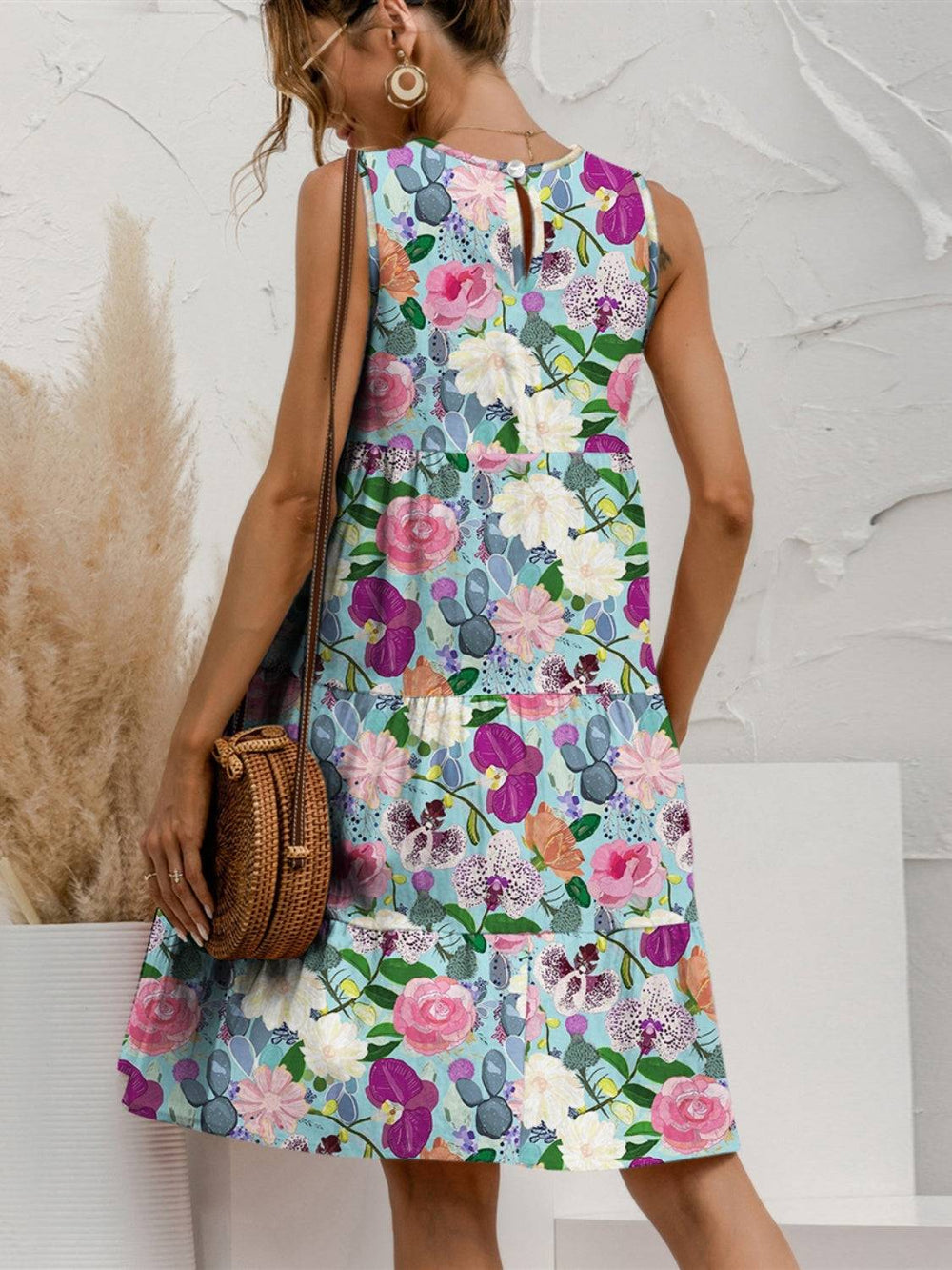 Printed Round Neck Sleeveless Tiered Dress -